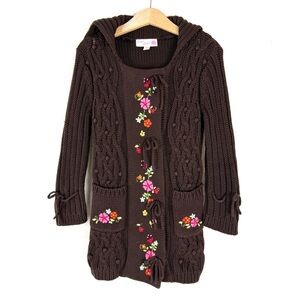 Emma’s Garden Brown Chunky Knit Embroidered Long Cardigan Sweater Cottagecore